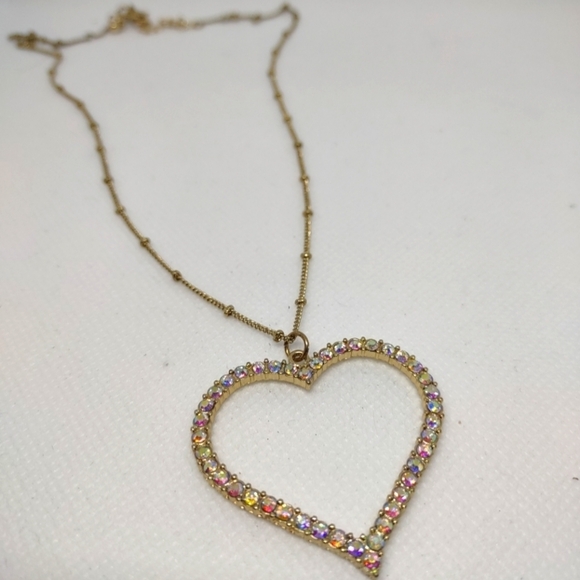 👍 5 for $20 gold Tone Aurora Borealis Crystal Open Heart Pendant Necklace - Picture 1 of 5